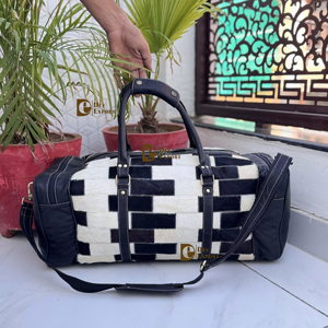 High Quality 2026 Cowhide Fur <b>Leather</b> Luggage <b>Bags</b> Checks Design Handmade <b>Bag</b> Unisex Travel <b>Bag</b> Multi Uses Big Size Duffel <b>Bag</b> - Product Image 1