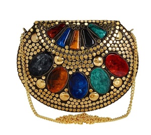 Bolso de mano redondo de metal plateado con tachuelas y azulejos de espejo, diseño de moda - Product Image 4