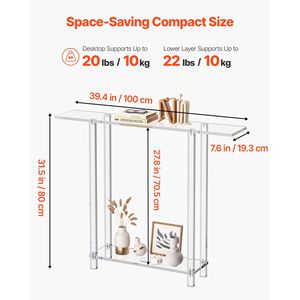 Consolle Moderna Rettangolare in Acrilico con 2 Ripiani, Scrivania Laterale Stretta e Vano Portaoggetti Sottostante Trasparente - Ideale per Hotel - Product Image 3