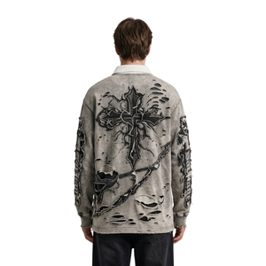 Suéter Polo Gris Plateado de Alta Calidad, Algodón Terry Transpirable, Diseño Gráfico de Estrellas, Cuello Polo Plegado, Manga Larga, Sudadera de Invierno - Product Image 2