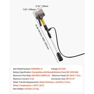Pompe à eau portable sans fil 528 GPH avec tuyau de jardin NPT3/4 pouces pour batterie Dewalt 20V MAX compatible modèle 2022 - Product Image 3