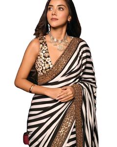 Nuevo diseñador exclusivo suave Georgette Saree dibujado a mano bordado Digital borde Poliéster Viscosa encaje para bodas fiestas para - Product Image 1
