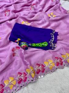 Sari indien ethnique en soie douce brodée Rangoli, motif floral, travail lourd, orné de miroirs, pour les fêtes, avec chemisier de créateur - Product Image 2