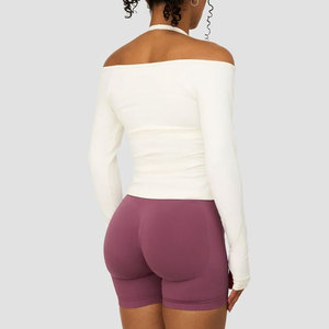 Custom Women's Wear Clothes Design Off Shoulder Long Sleeve Shirt Compression High Stretch <b>Thumb</b> Hole <b>Cuffs</b> Rib Material - Product Image 2