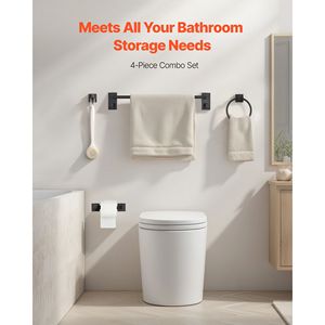 Set di Accessori per Bagno in Acciaio Inox Nero Opaco, 4 Pezzi, Portasciugamani da 24 Pollici con Anello Portasciugamani e Gancio per Accappatoio, Accessori di Qualità - Product Image 2