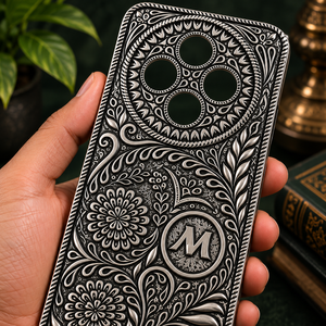 Étui de téléphone portable en argent sterling 925 de qualité supérieure, oxydé antique, avec monogramme floral - Product Image 3