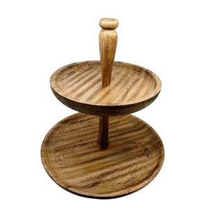 Factory Direct 2 Tier Round Wooden Cake Stand With Handle Acacia Wood Serving Platter Dessert Display Tray For Parties And Home - Product Image 1