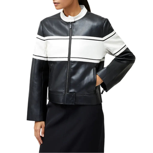Women's Black and <b>White</b> Color-Block Leather Moto <b>Jacket</b> - Product Image 4