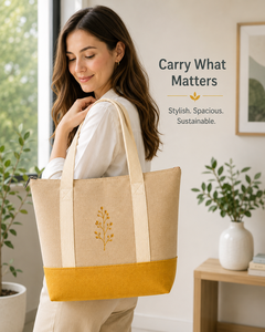 Sac fourre-tout en jute avec broderie, fermeture éclair, base moutarde, style minimaliste, doublure en coton - Idéal pour la plage, les voyages, le shopping et l'usage quotidien - Product Image 5