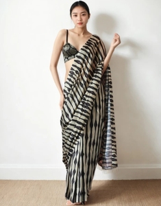 Sari de Seda con Rayas Estilo Bollywood KV Listo para Usar (Beige, Negro) - Product Image 6
