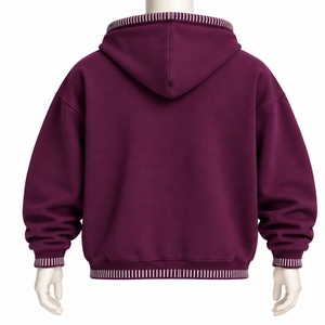 Plum Stitched Border Distressed Pullover <b>Hoodie</b> Heavyweight <b>Oversized</b> Contrast <b>Stitch</b> Pocket Casual Streetwear Winter - Product Image 2