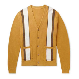 Cardigan en tricot décontracté jaune moutarde rayé à col en V pour femme, manches longues, avec poches, anti-boulochage, idéal pour l'automne - Product Image 1