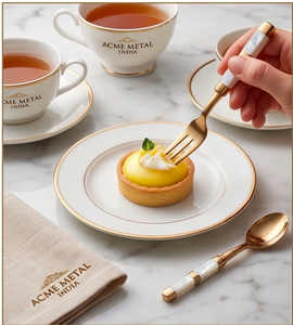 Juego de cubiertos elegantes ACME METAL en oro mate con revestimiento PVD en oro rosa y mango con incrustaciones de nácar para bodas y restaurantes. - Product Image 3
