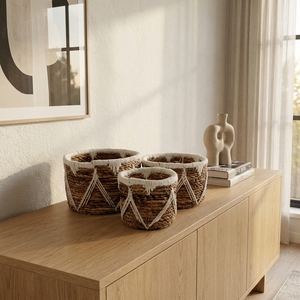 Ensemble de paniers en macramé en écorce de banane naturelle, pot de rangement rond à bordure en treillis triangulaire blanc, décoration pour plantes, design artistique pur - Product Image 6
