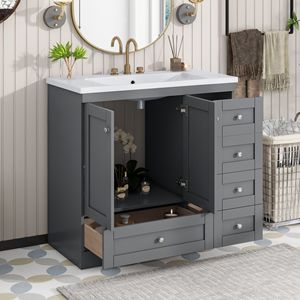 Mobile bagno autoportante stile Shaker da 36 pollici con lavabo, 4 cassetti e 2 ante con chiusura ammortizzata - Product Image 1
