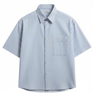 Camisa de hombre personalizable 100% algodón, abotonada, azul, de corte holgado y corto, antiarrugas, transpirable, a rayas, tallas grandes, para primavera, Vietnam - Product Image 2