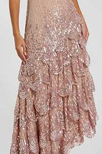 Robe longue asymétrique élégante à sequins, dos nu, bretelles spaghetti, en satin or rose naturel, idéale pour les soirées - Product Image 3