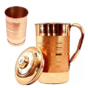 Carafe compacte en cuivre avec couvercle et ensemble de gobelets, vaisselle en métal pour servir l'eau et les jus, durable, réutilisable, pour la cuisine et la salle à manger - Product Image 2