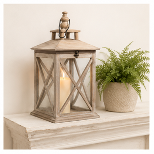 Farol de Madera de Acacia Rústico Hecho a Mano con Paneles de Vidrio, Portavelas Decorativo Estilo Rústico para Centros de Mesa de Boda - Product Image 2