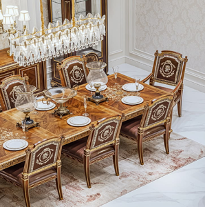 Regal 8-seater European <b>dining</b> table crafted with light wood finish and deep emerald green tufted <b>velvet</b> <b>chairs</b>, at wholesale. - Product Image 5