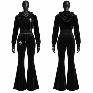 Conjunto Deportivo de Terciopelo Negro para Mujer, Sudadera con Capucha y Cremallera Frontal, Diseño Cruzado con Pedrería, Pantalones Casuales - Product Image 1