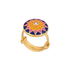 Gold Plated Blue Pink Yellow Enamel Round <b>Adjustable</b> Finger <b>Ring</b> for Women Floral Mandala Stone Studded Designer Jewelry Gift - Product Image 2