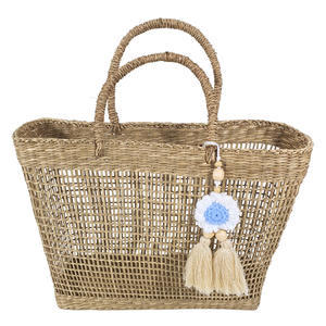 Sac à main rectangulaire vintage en jonc de mer tressé à la main avec motif tressé ouvert, breloque pompon, sac fourre-tout en paille naturelle pour l'été et la plage - Product Image 2