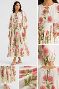 Floral Printed 100% Cotton <b>Kaftan</b> Dress Women Summer Casual Boho Maxi Short Sleeve <b>Beach</b> Wear Loose Fit Natural Waist Front Logo - Product Image 4