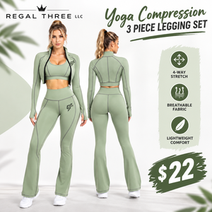 Women's 3 Piece Yoga Set Custom Logo Flare Leg <b>Activewear</b> Set Gym Workout Flare <b>Leggings</b> High Support Bra & Crop Jackets Set - Product Image 1