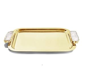 Bandeja de servir de forma redonda con un aspecto fabuloso, elegantes asas en acabado dorado y borde de latón de diseño, ideal para bodas. - Product Image 2