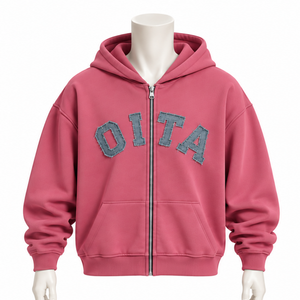 Rose Pink Mens <b>Zip</b> Front <b>Hoodie</b> Heavyweight Fleece Chenille Letter Applique Oversized Streetwear Sweatshirt with Kangaroo <b>Pocket</b> - Product Image 1