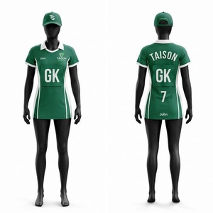 เสื้อเน็ตบอลพรีเมียม 160 GSM โพลีเอสเตอร์อินเตอร์ล็อค ชุดกีฬา ออกแบบโลโก้แบบซับลิเมชั่นตามสั่ง สีเขียวขาว ดีไซน์แผงสี ชุดทีม - Product Image 1