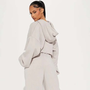 Women's Gray Hooded Crop Sweatshirt Full Sleeve Oversized 100% Cotton <b>Fleece</b> <b>Zipper</b> Front Autumn Wear - Product Image 2