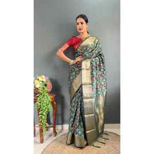 CRÉATEUR BANARASI SOIE TISSANT TRAVAIL SAREE AVEC BLOUSE NON COUCHÉE VERT DE MER - Product Image 1