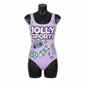 ชุดว่ายน้ำวันพีซพรีเมียมสำหรับผู้หญิง ผ้าโพลีเอสเตอร์ผสมสแปนเด็กซ์ 220 GSM ลายการ์ตูนสีลาเวนเดอร์ รับสกรีนโลโก้ - Product Image 3