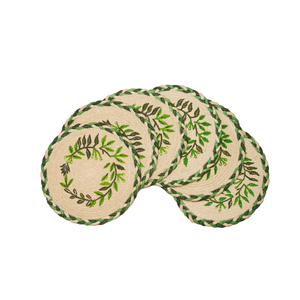 Ensemble de sets de table en jute naturelle tressée faits à la main, imprimé botanique vert, chemin de table ovale, sets de table ronds, vente en gros - Product Image 6