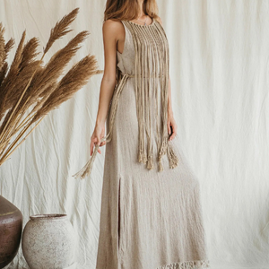 Vestido Maxi Bohemio Beige para Mujer, Vestido de Verano para Festival, Vestido Largo de Algodón Crudo con Flecos y Macramé Estilo Western - Product Image 3