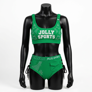Womens <b>Bikini</b> <b>Set</b> 260 GSM Polyester Spandex Green Rhinestone Panel Design Sublimation Print Custom Logo Women <b>Bikinis</b> <b>set</b> - Product Image 1