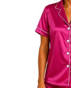 Conjunto de Pijama de Satén Rosa Intenso Personalizado por el Fabricante, Ropa de Dormir de Seda para Mujer, Conjunto de Pijama con Bordado de Osito de Peluche, Manga Corta, Suave, para Descansar - Product Image 3