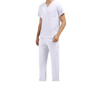 Conjunto de uniforme médico blanco de alta calidad para hombre, de algodón y poliéster tejido, con pantalones con bolsillos y listo para la detección de agujas. - Product Image 2