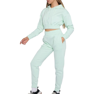 Ensemble jogging et sweat-shirt court à capuche vert menthe pour femme, manches longues, molletonné, décontracté, 2 pièces, couleur unie, coupe classique - Product Image 4