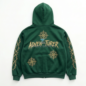 Sweat-shirt à capuche zippé vert pour homme, coupe classique, imprimé avec motif boussole et logo frontal motif épines - Product Image 2