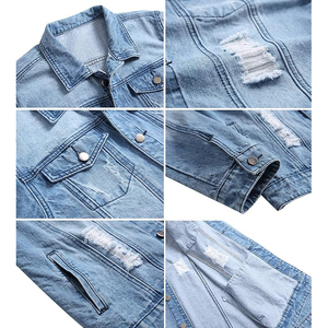 Custom Coated Denim Gentleman <b>Light</b> Wash Ripped High Quality Men's Classic Spring <b>Jacket</b> with Custom Design with cheap quality - Product Image 6