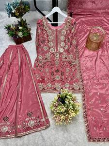 ชุดสูทชาราราปากีสถานแบบหนักดีไซน์เนอร์ผ้าชินอนสวยพร้อมลำดับชุดทำงานในช่วงเทศกาลฤดูหนาวดีไซน์สวมใส่สำหรับงานปาร์ตี้ - Product Image 4