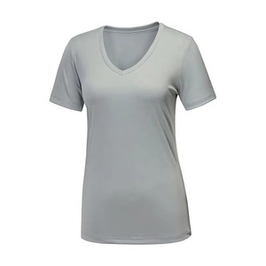 เสื้อยืดคอวีแขนสั้นผ้าถักสำหรับผู้หญิง สีพื้น ดีไซน์เรียบง่าย ทรงปกติ สีดำ น้ำเงิน ส้ม ขาว ชมพู - Product Image 3