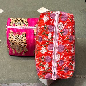 Pink Tiger Print Quilted Cosmetic Bag Large Bohemian Style Textile Zipper Closure Multi-Function Organizer - Product Image 2
