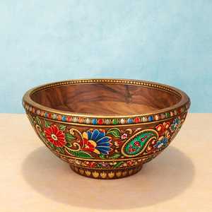 Bol en bois fait main Meenakari, peint à la main, bol de service décoratif, artisanat indien - Product Image 1