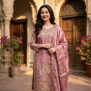 Ensemble Kurti et pantalon prêt-à-porter haut de gamme – Soie GMY avec dupatta richement ornée - Product Image 1