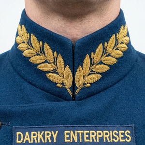 Custom Hand Gold Bullion Embroidery Deep Blue Collar Detailed <b>Wheat</b> Leaf Motif Bespoke Garment Apparel Manufacturing Service - Product Image 1