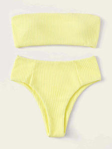 Bikini de Dos Piezas con Cintura Alta para Mujer, Diseño Personalizado de Fábrica con Logotipo Impreso, Tipo Bandeau Acanalado, Venta al Por Mayor - Product Image 4